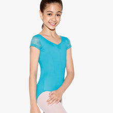 Load image into Gallery viewer, So DANCA, FAB DEB - SL139 CHILD FLORAL LACE CAP SLEEVE LEOTARDy
