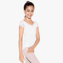 Load image into Gallery viewer, So DANCA, FAB DEB - SL139 CHILD FLORAL LACE CAP SLEEVE LEOTARDy