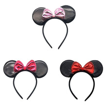 Load image into Gallery viewer, Faux Leather Mouse Ear Bow Mick Costume Headband