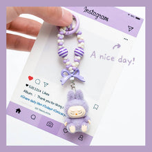 Load image into Gallery viewer, Flocked Mini Labubu Striped Beaded Keychain Bag Charm